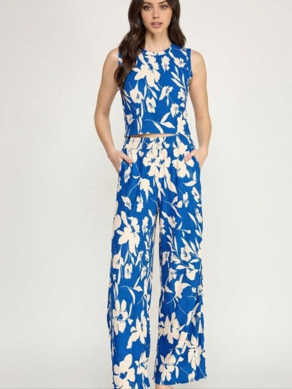 Navy & White Floral Sleeveless Crop Top Crinkle Pantsuit